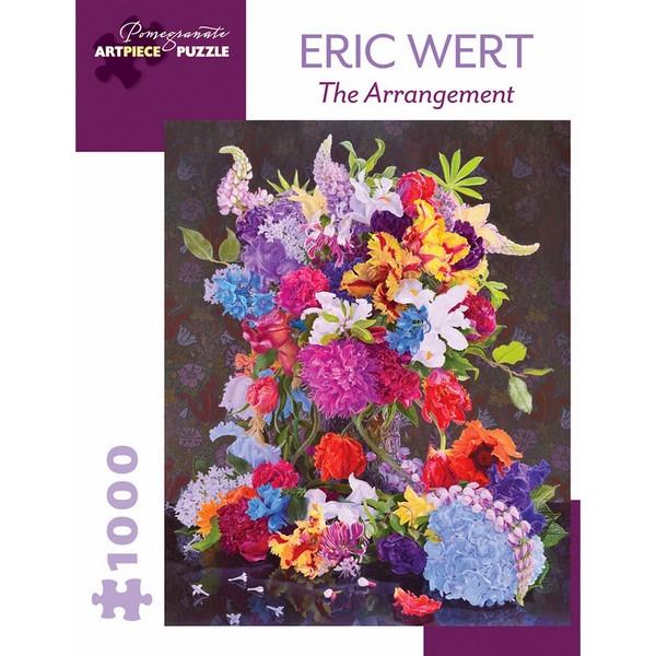 white puzzle box with purple accents. the centre of the box has an image of a painted flower arrangement