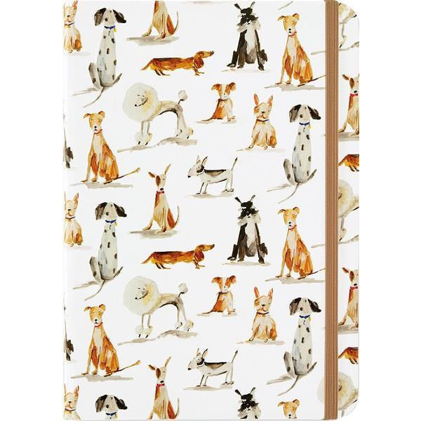 white notebook with a light brown elastic band. illustrated on the cover are multiple dogs in a watercolour style