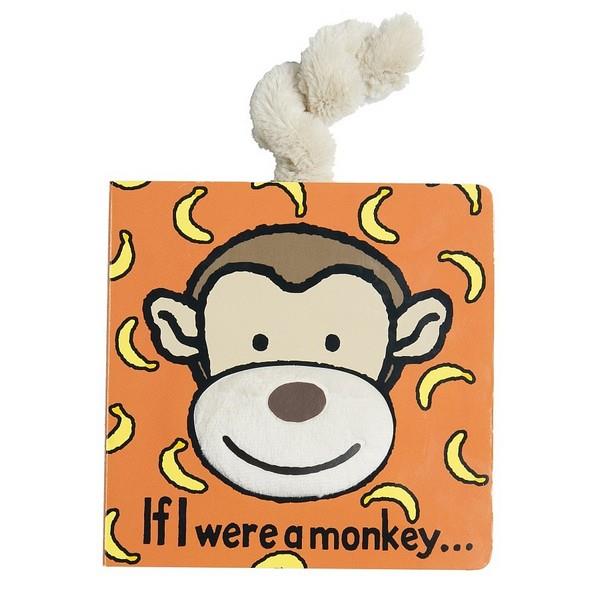 Jellycat board book titled 'If I were a monkey...', showing an image of a brown smiling monkey on an orange background with banana prints